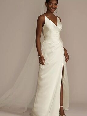 DB Studio Satin V-Neck Gown with Front Slit